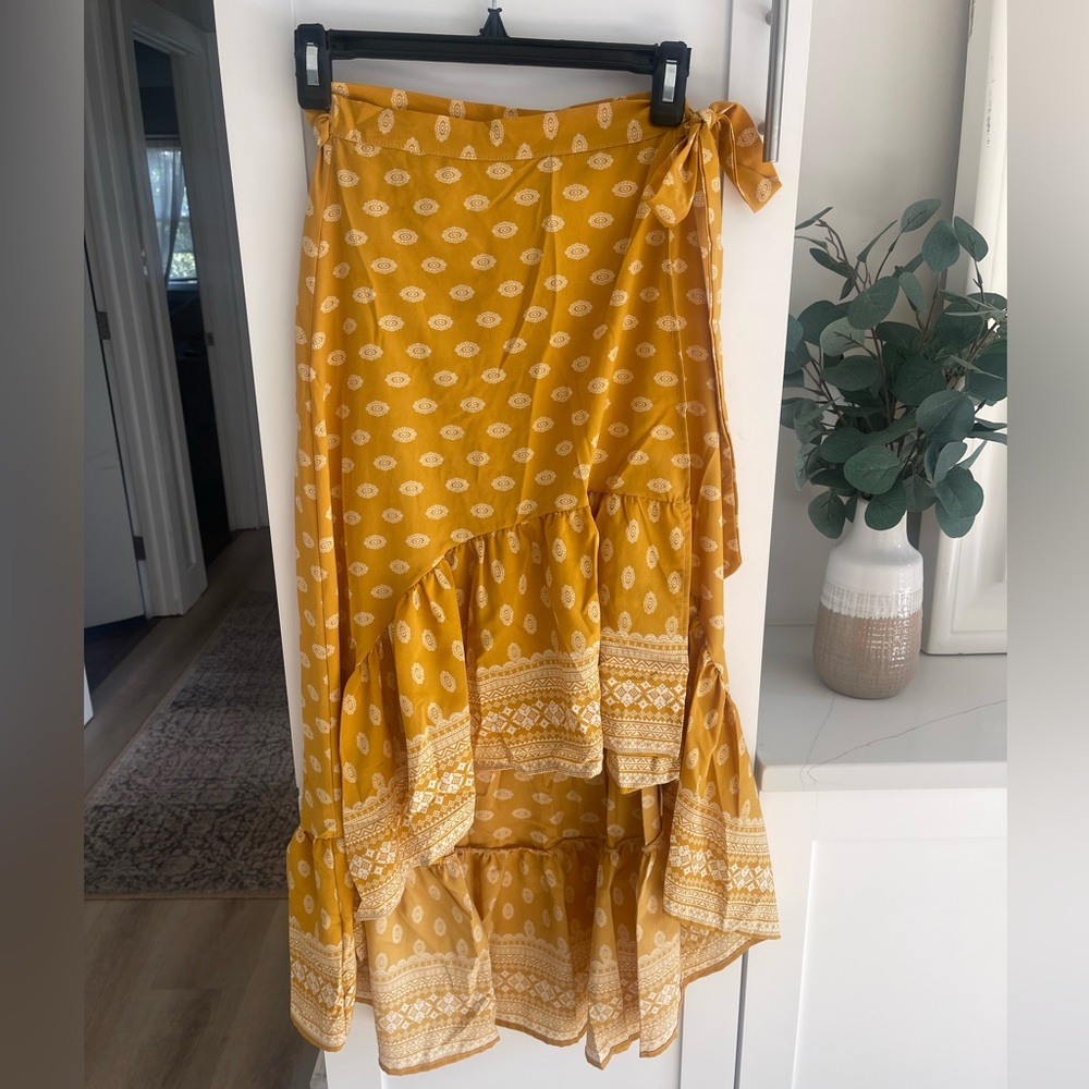 Sage Mustard Patterned High Low Wrap Skirt